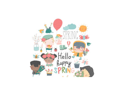 Cartoon Kids And Spring Element Vector