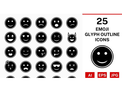 25 Emoji Glyph Outline Icon Set