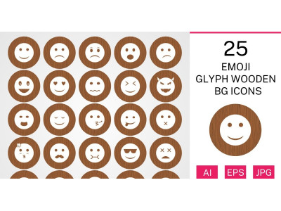 25 Emoji Glyph Wooden BG Icon Set