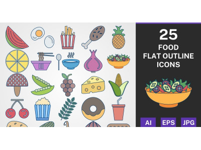 25 FOOD FLAT OUTLINE PACK Icon Set
