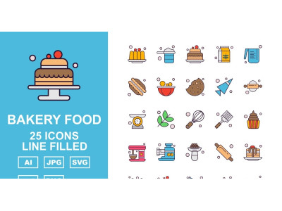 25 Premium Bakery Food Line Filled Icon Pack Set