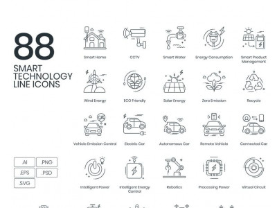 88 Smart Technology Line Icons Set