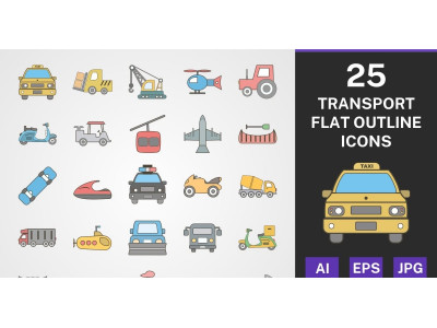 25 TRANSPORT FLAT OUTLINE PACK Icon Set
